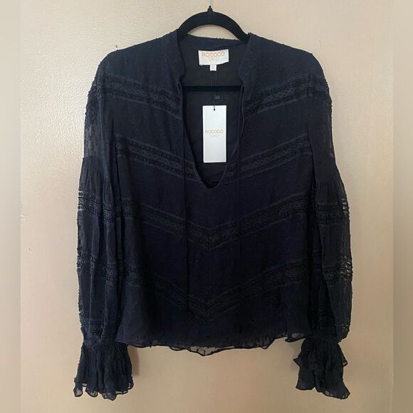 Rococo Sand x REVOLVE Selene Blouse in Black peasant sleeve beaded sheer top new - Picture 12 of 13